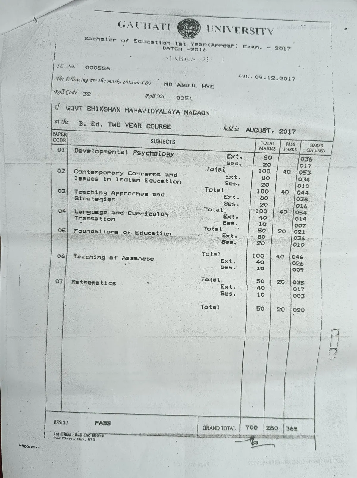 B.Ed. mark sheet part-2  